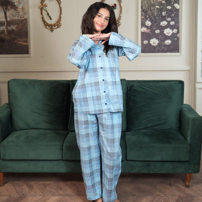 Lite blue Block Check Cambric Printed | Men's Nightwear | AdoreRobe