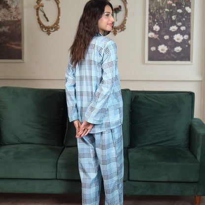 Lite blue Block Check Cambric Printed | Men's Nightwear | AdoreRobe