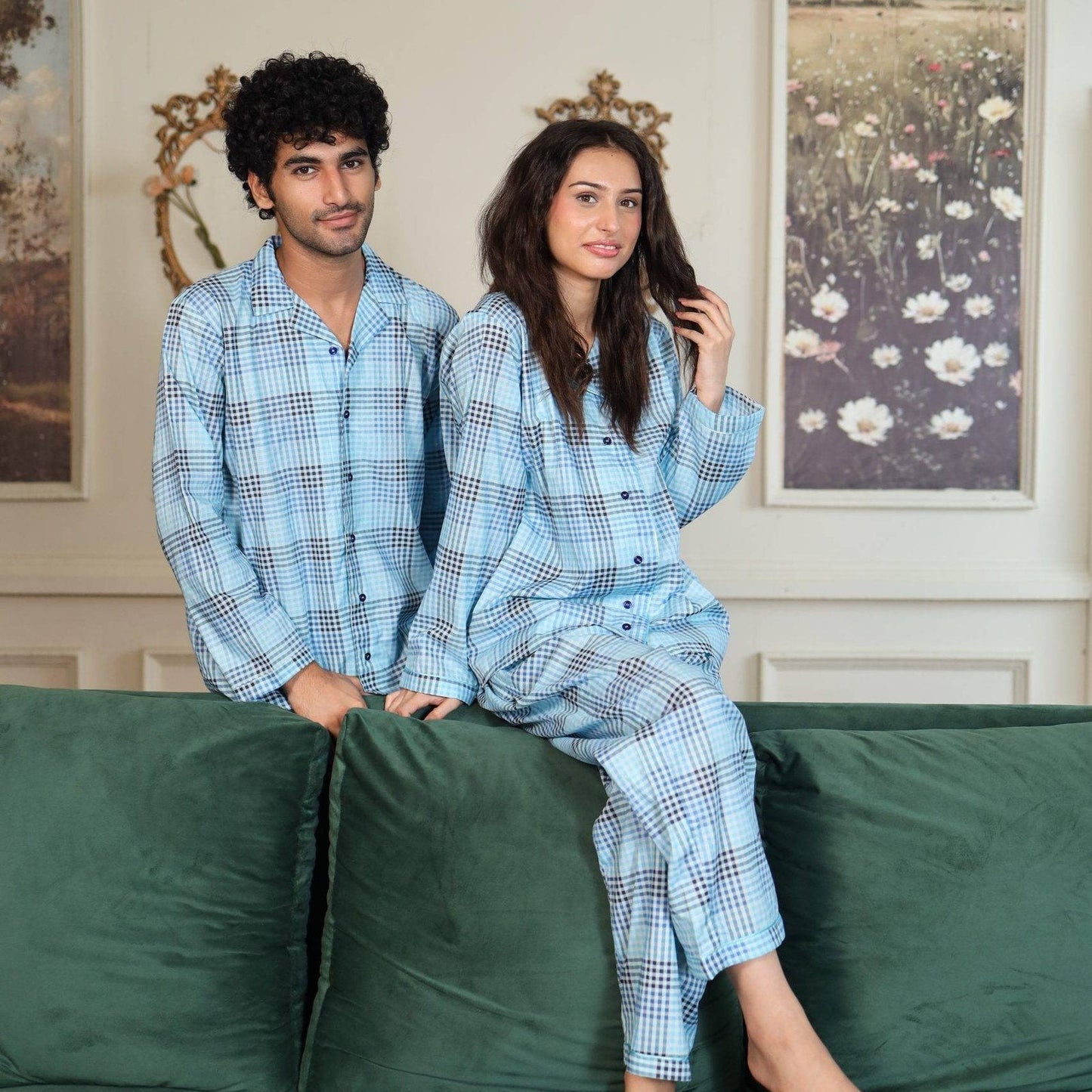 Lite blue Cambric Block Check Printed | Couple Nightwear | AdoreRobe