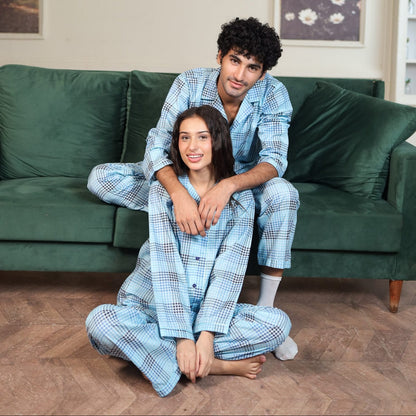 Lite blue Cambric Block Check Printed | Couple Nightwear | AdoreRobe