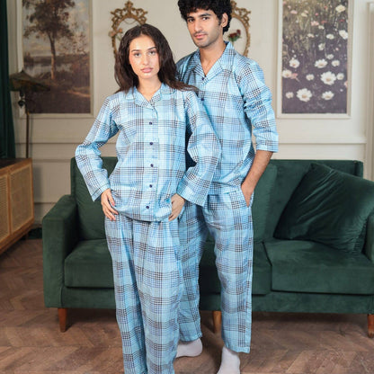 Lite blue Cambric Block Check Printed | Couple Nightwear | AdoreRobe