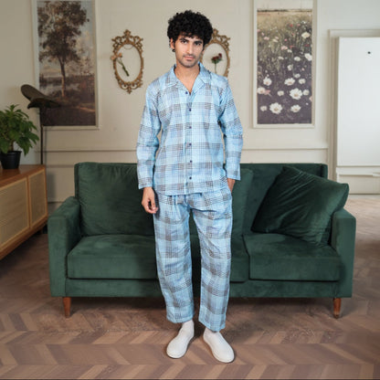 Lite blue Cambric Block Check Printed | Men's Nightwear | AdoreRobe