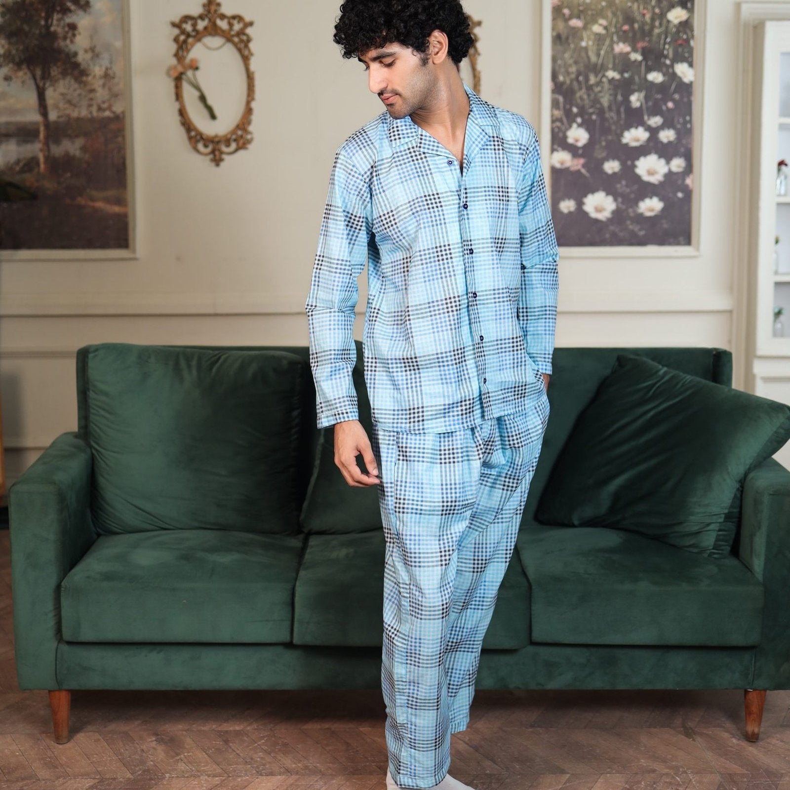 Lite blue Cambric Block Check Printed | Men's Nightwear | AdoreRobe