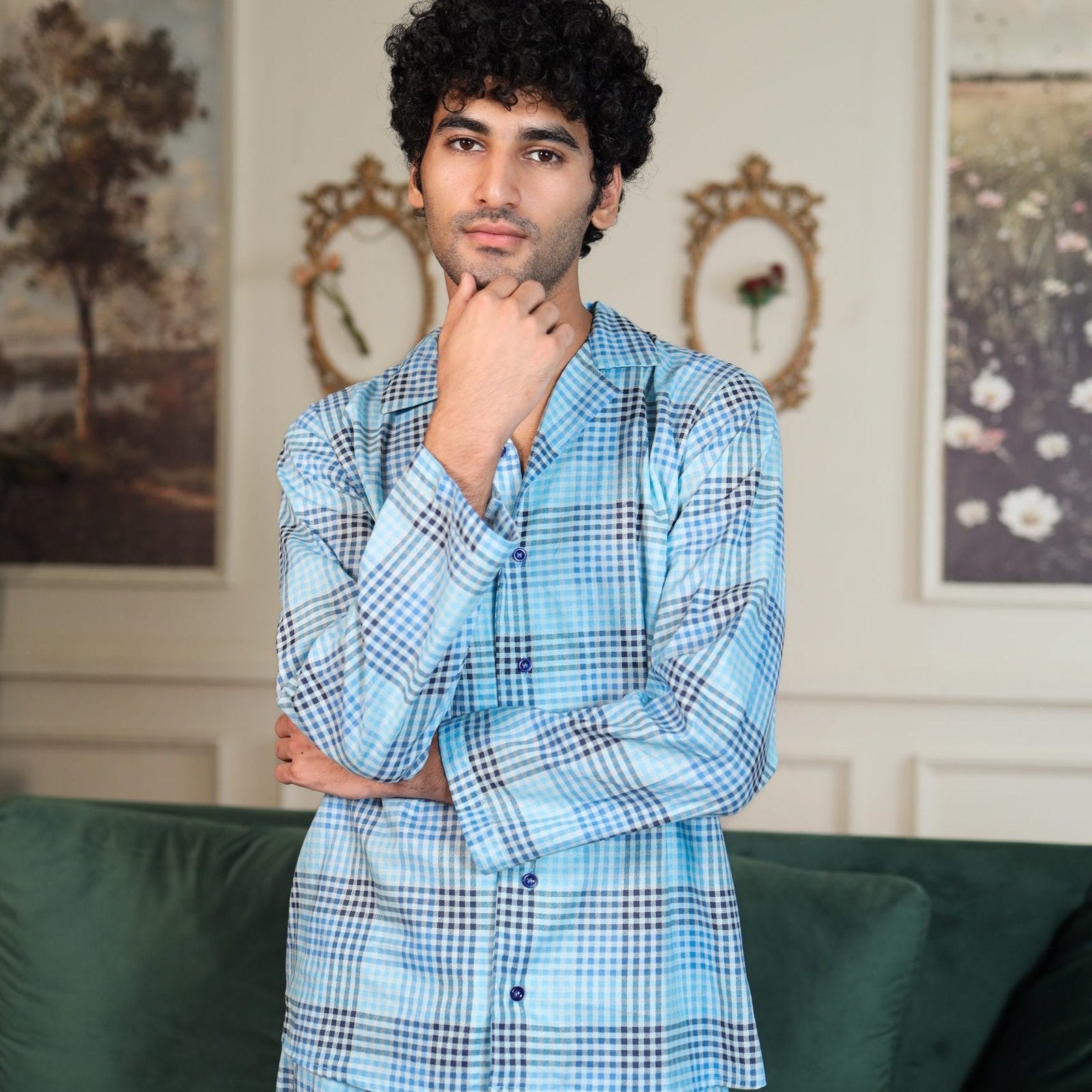 Lite blue Cambric Block Check Printed | Men's Nightwear | AdoreRobe