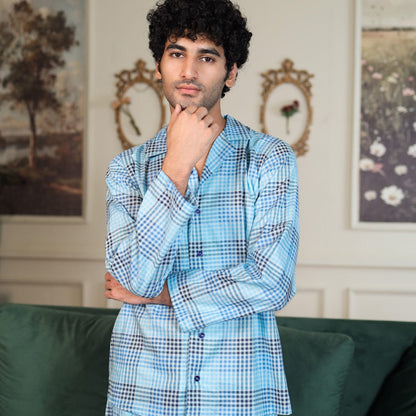 Lite blue Cambric Block Check Printed | Men's Nightwear | AdoreRobe