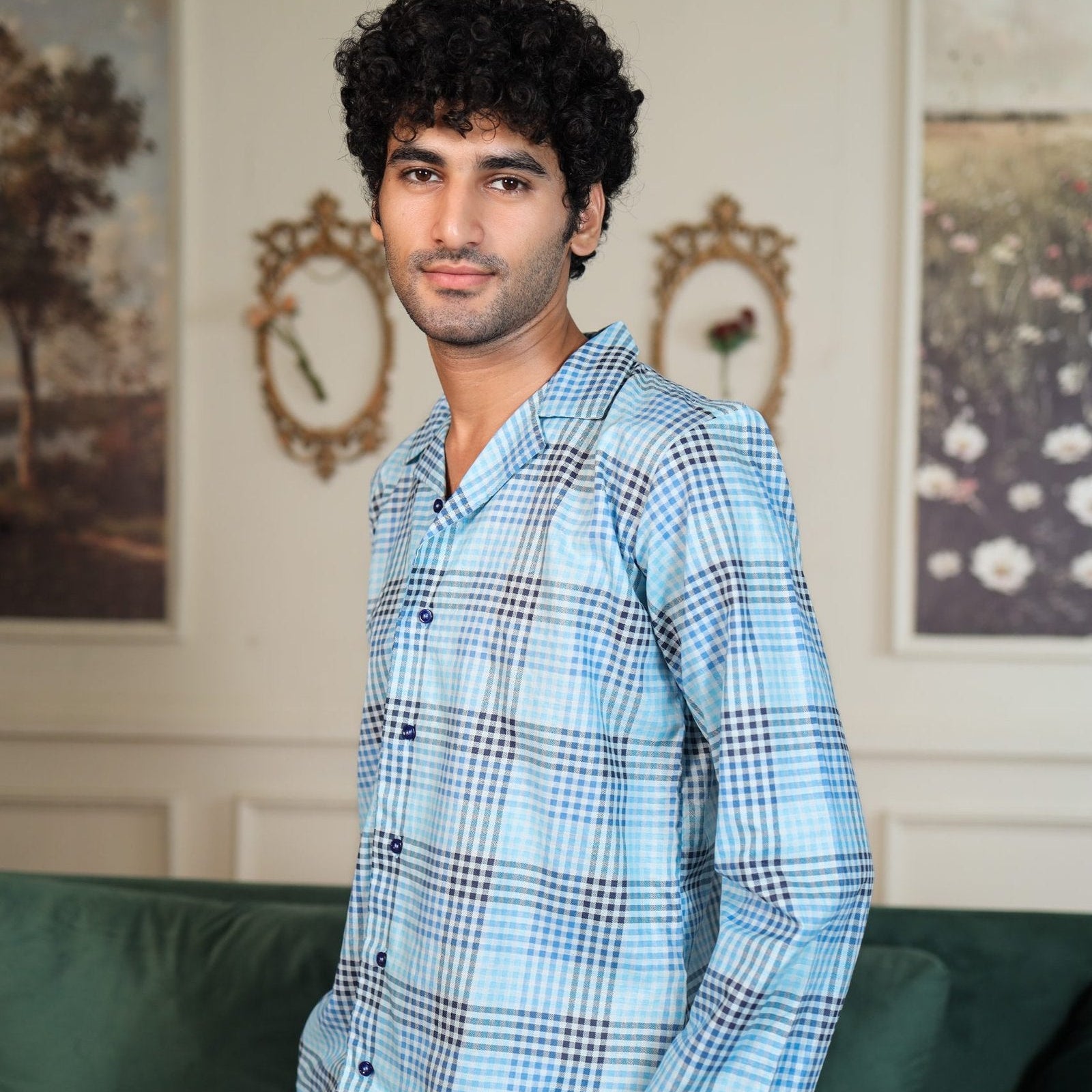 Lite blue Cambric Block Check Printed | Men's Nightwear | AdoreRobe