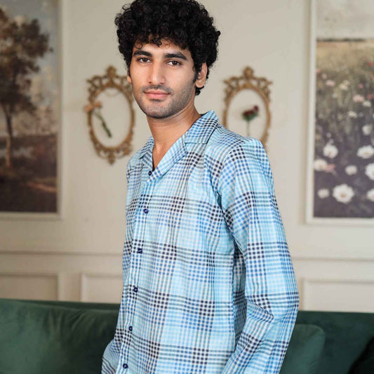 Lite blue Cambric Block Check Printed PJ Set for men
