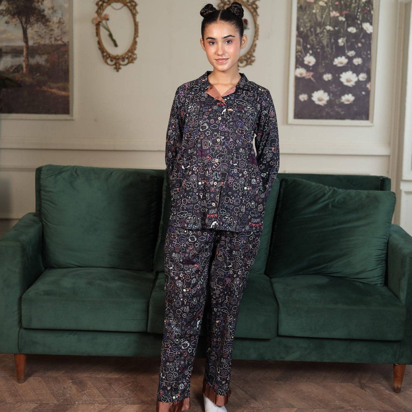 Black Cambric Bloom Printed PJ Set for | Men's Nightwear | AdoreRobe