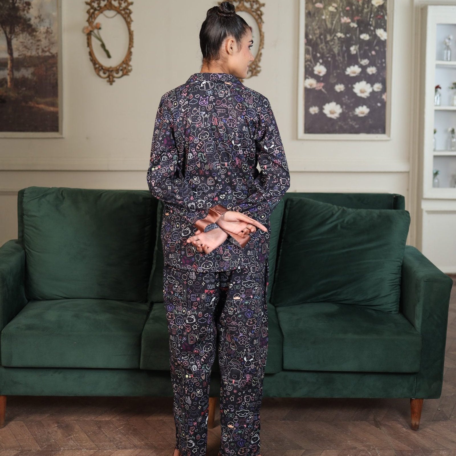Black Cambric Bloom Printed PJ Set for | Men's Nightwear | AdoreRobe
