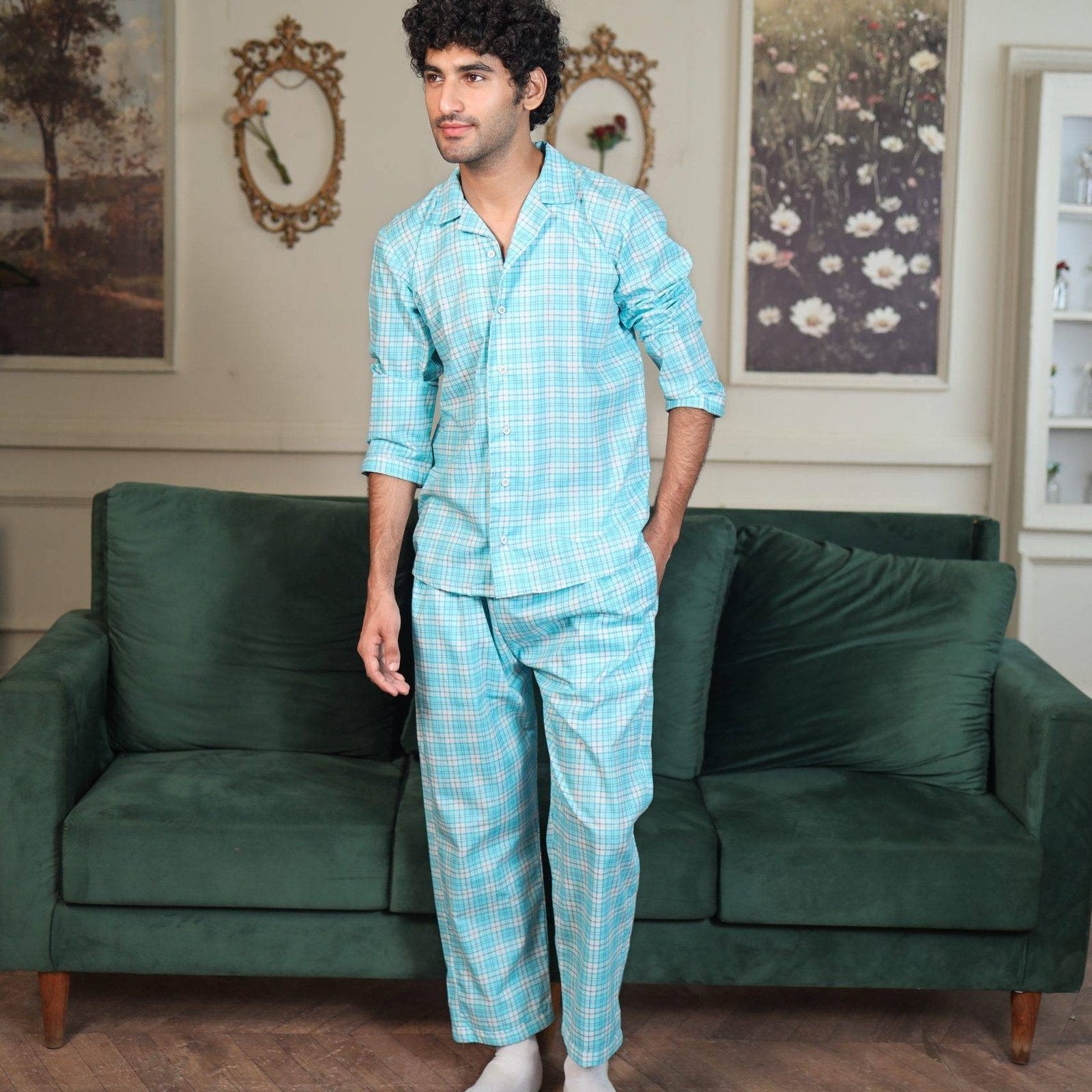 Sky blue Cambric Midnight  Printed PJ | Men's Nightwear | AdoreRobe