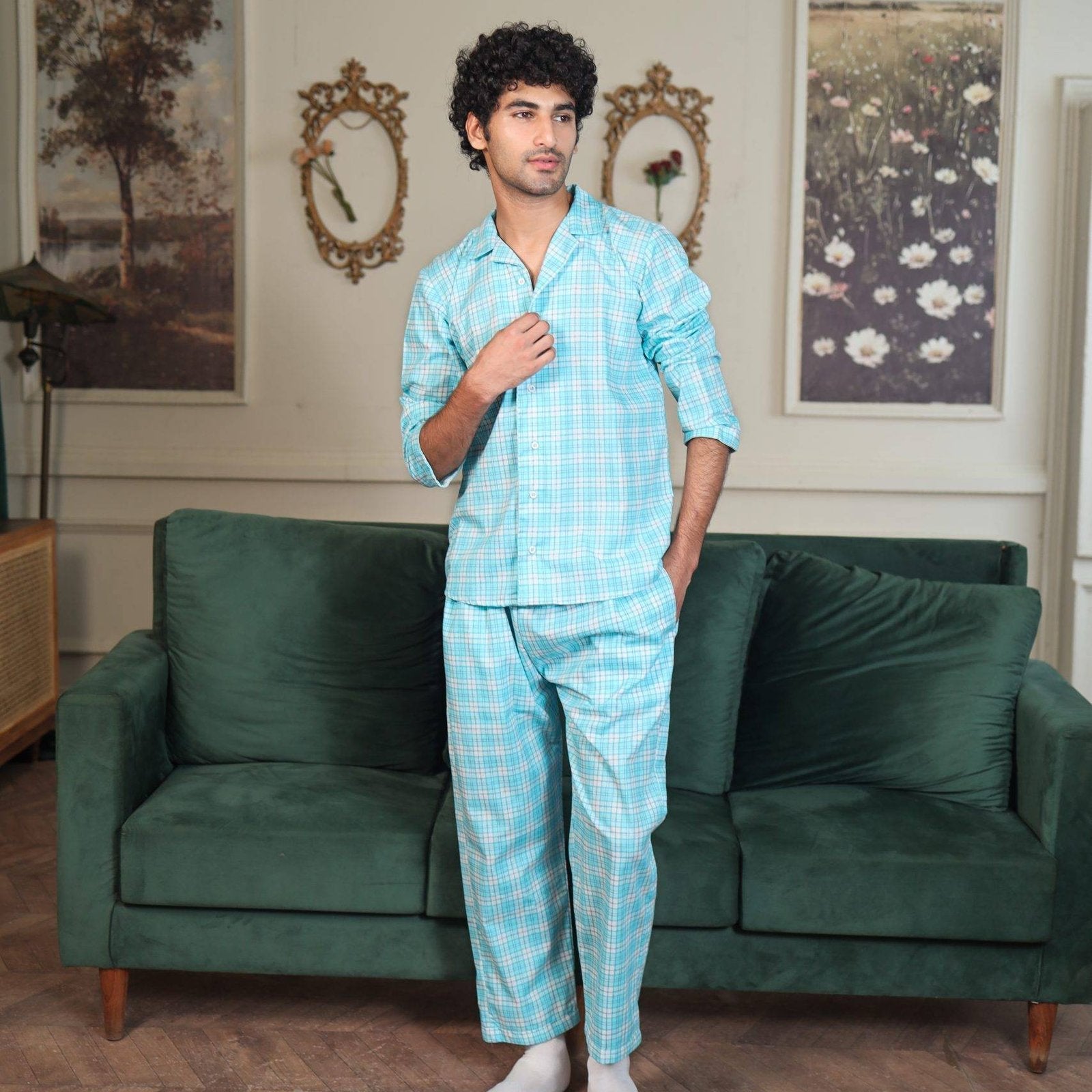 Sky blue Cambric Midnight  Printed PJ | Men's Nightwear | AdoreRobe