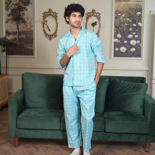 Sky blue Cambric Midnight  Printed PJ Set for men