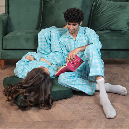 Sky blue Cambric Midnight  Printed PJ | Couple Nightwear | AdoreRobe
