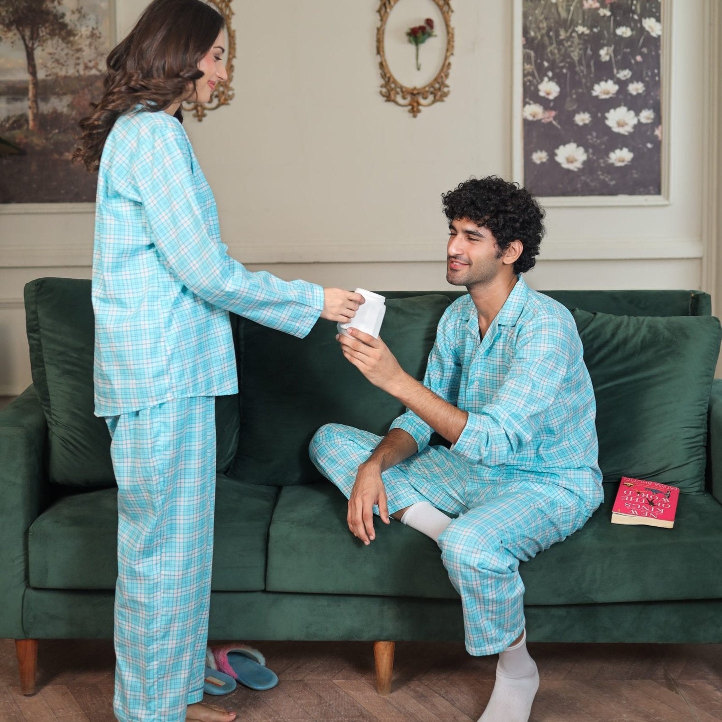 Sky blue Cambric Midnight  Printed PJ | Couple Nightwear | AdoreRobe