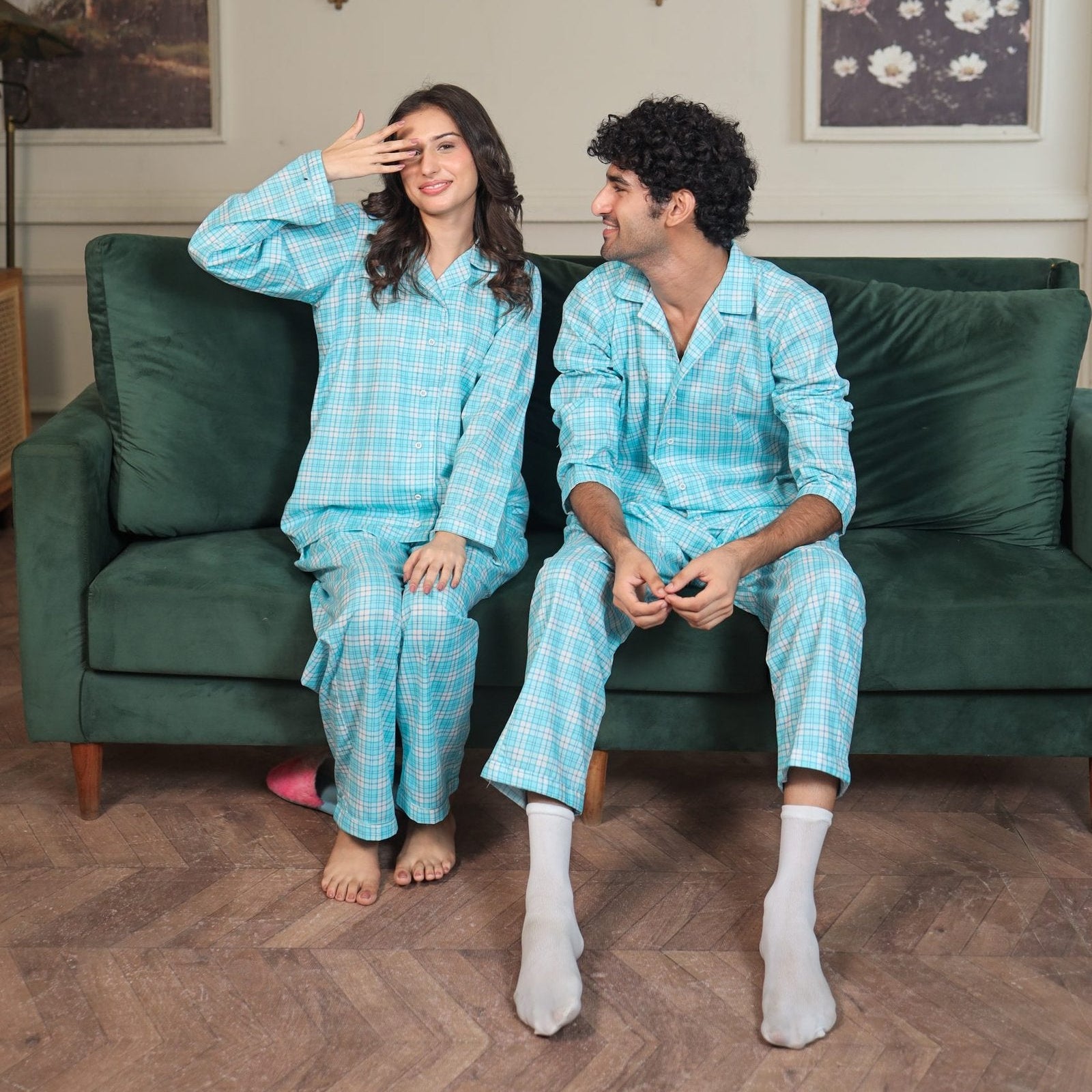 Sky blue Cambric Midnight  Printed PJ | Couple Nightwear | AdoreRobe