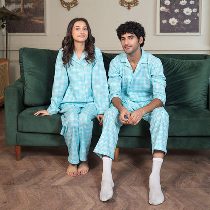 Sky blue Cambric Midnight  Printed PJ | Couple Nightwear | AdoreRobe