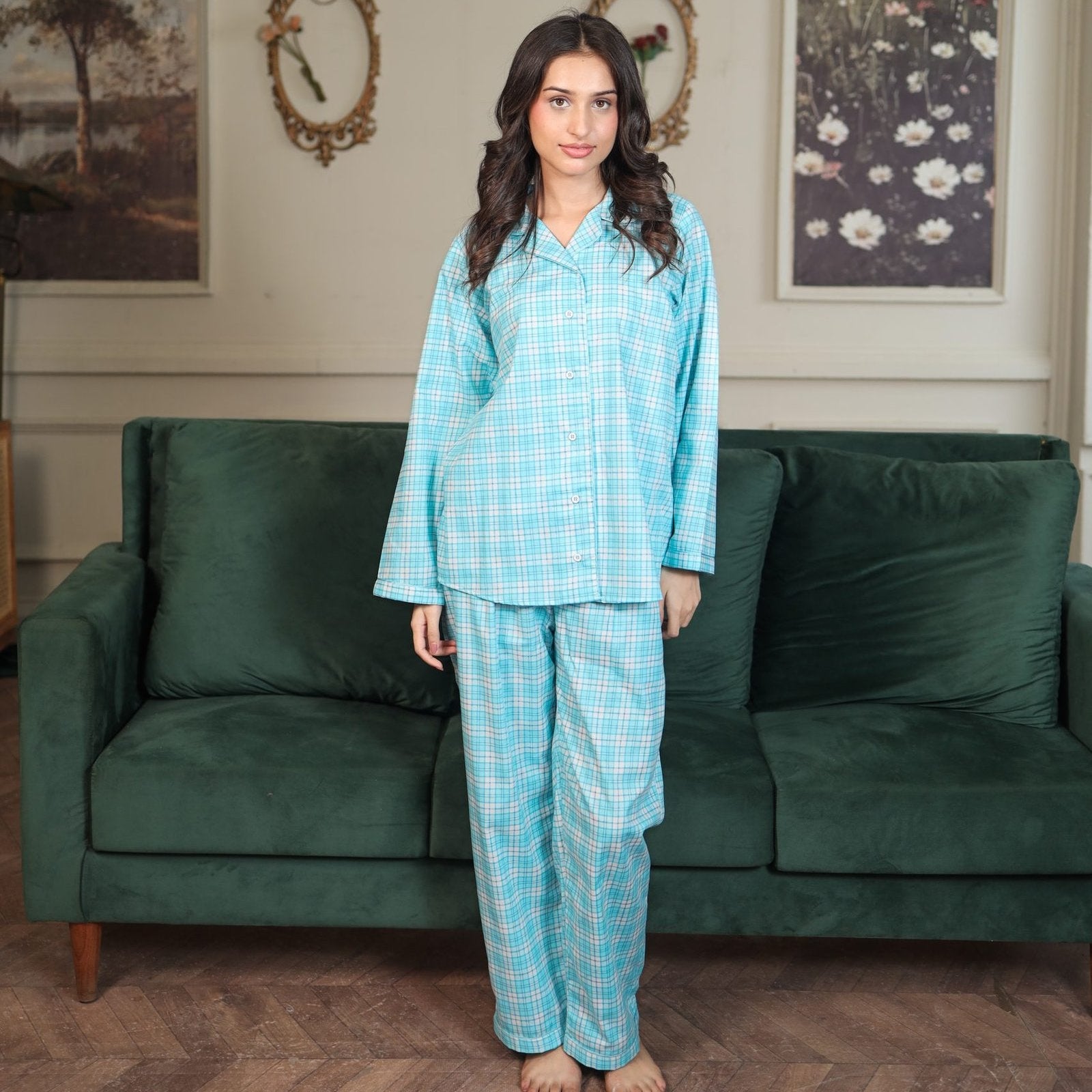 Sky Blue Cambric Midnight Check Printed | Men's Nightwear | AdoreRobe