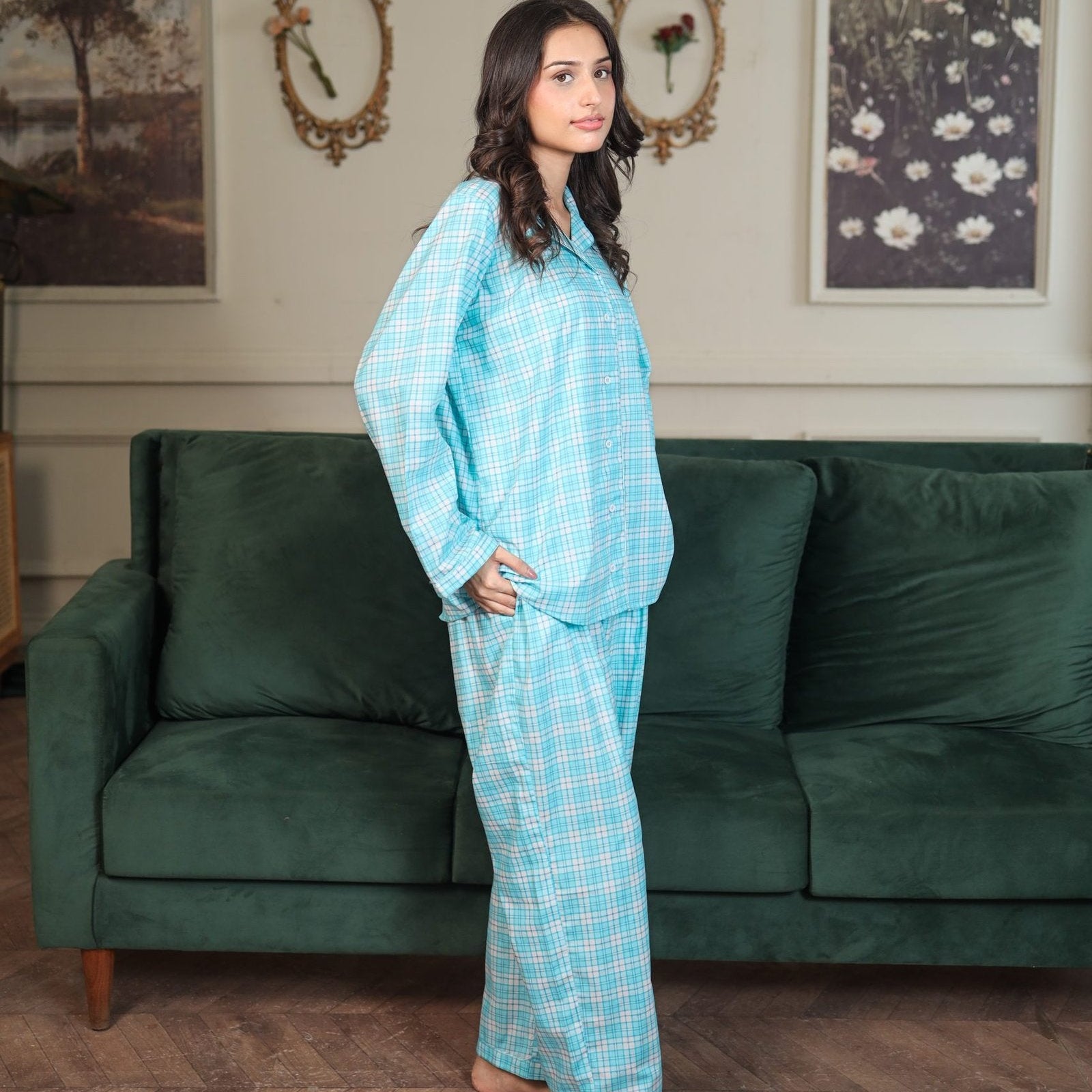 Sky Blue Cambric Midnight Check Printed | Men's Nightwear | AdoreRobe