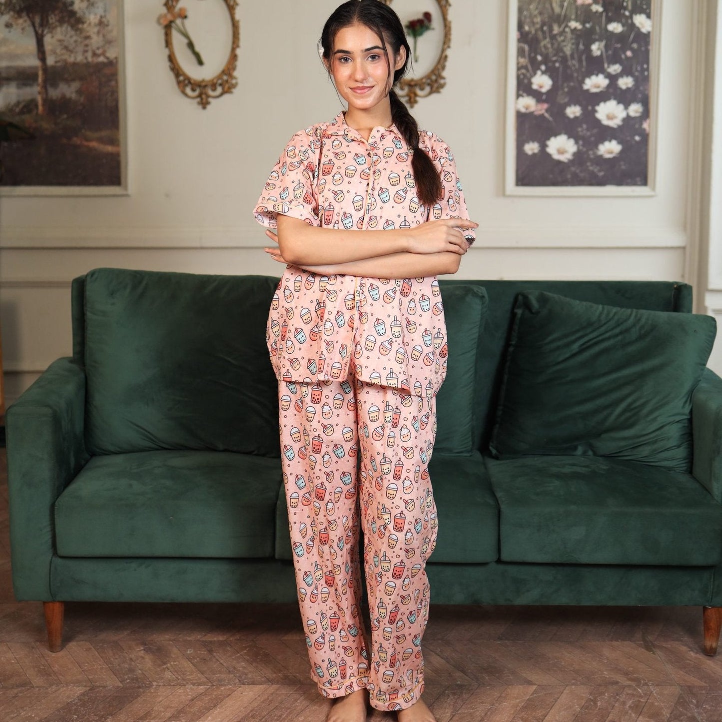 Peach Cambric Mug Printed PJ Set for | Men's Nightwear | AdoreRobe