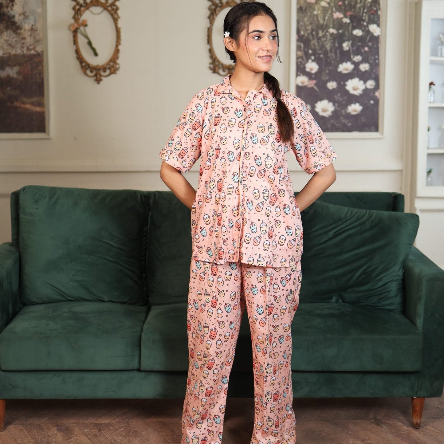 Peach Cambric Mug Printed PJ Set for | Men's Nightwear | AdoreRobe