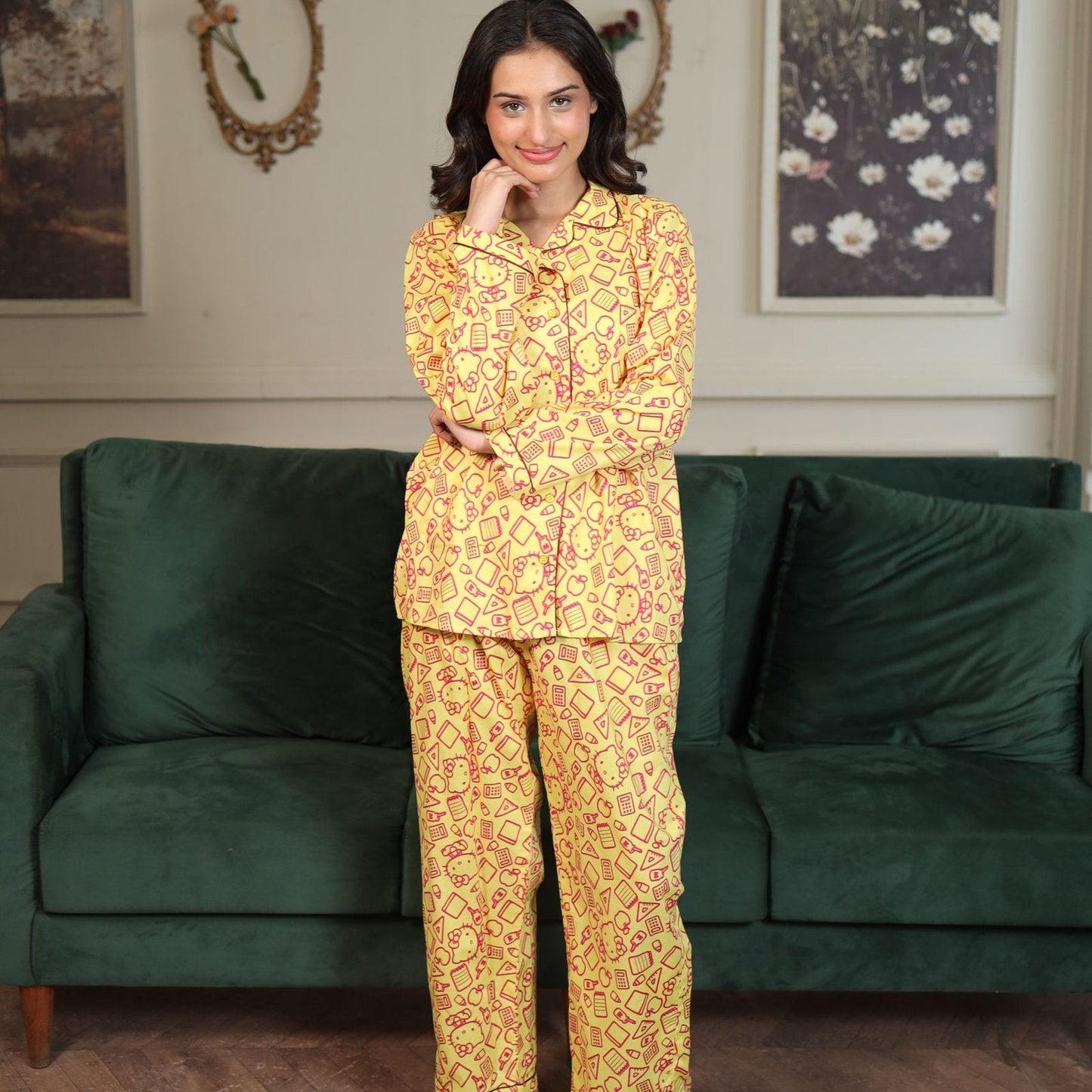 Yellow Cambric Hellow Kitty Printed PJ | Men's Nightwear | AdoreRobe