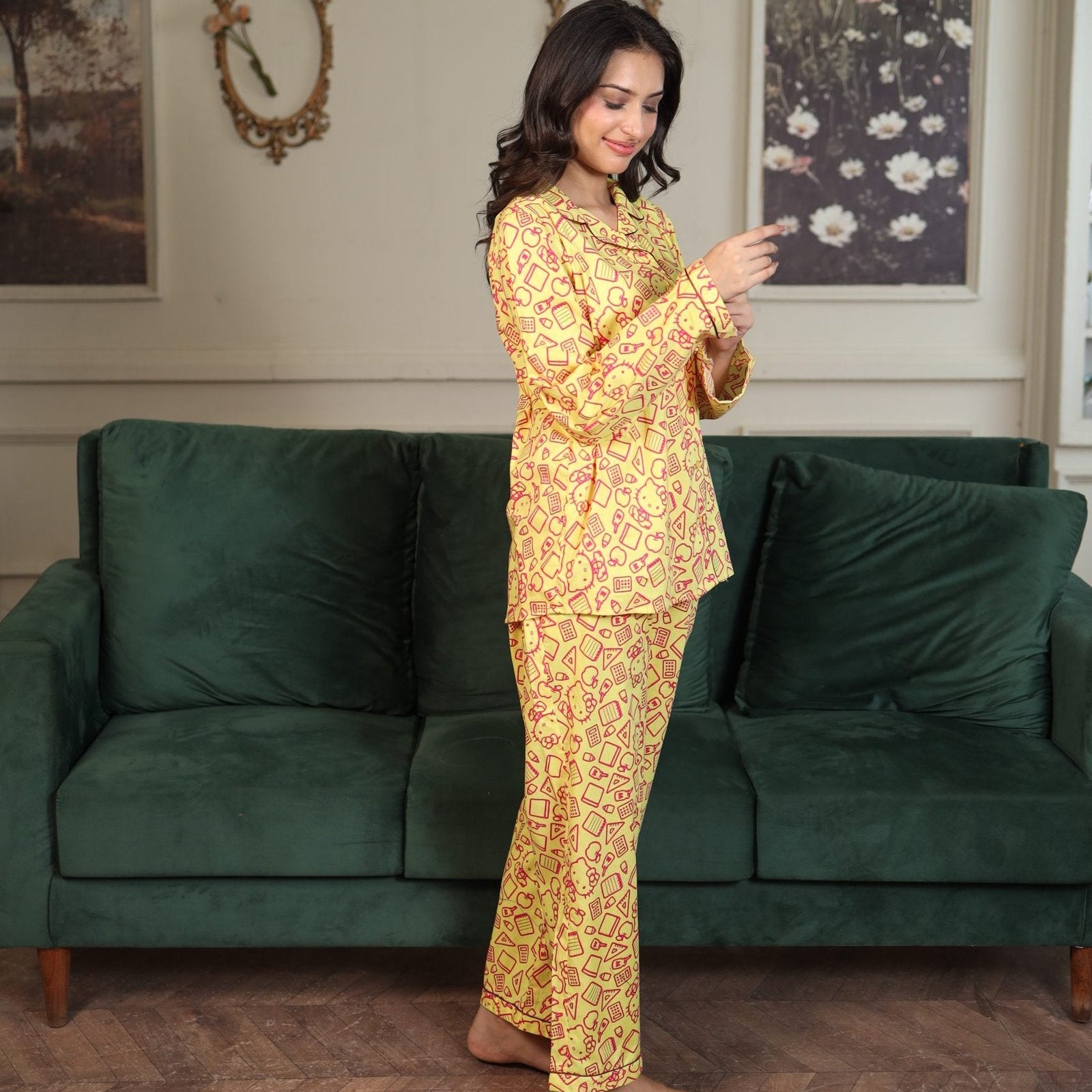 Yellow Cambric Hellow Kitty Printed PJ | Men's Nightwear | AdoreRobe
