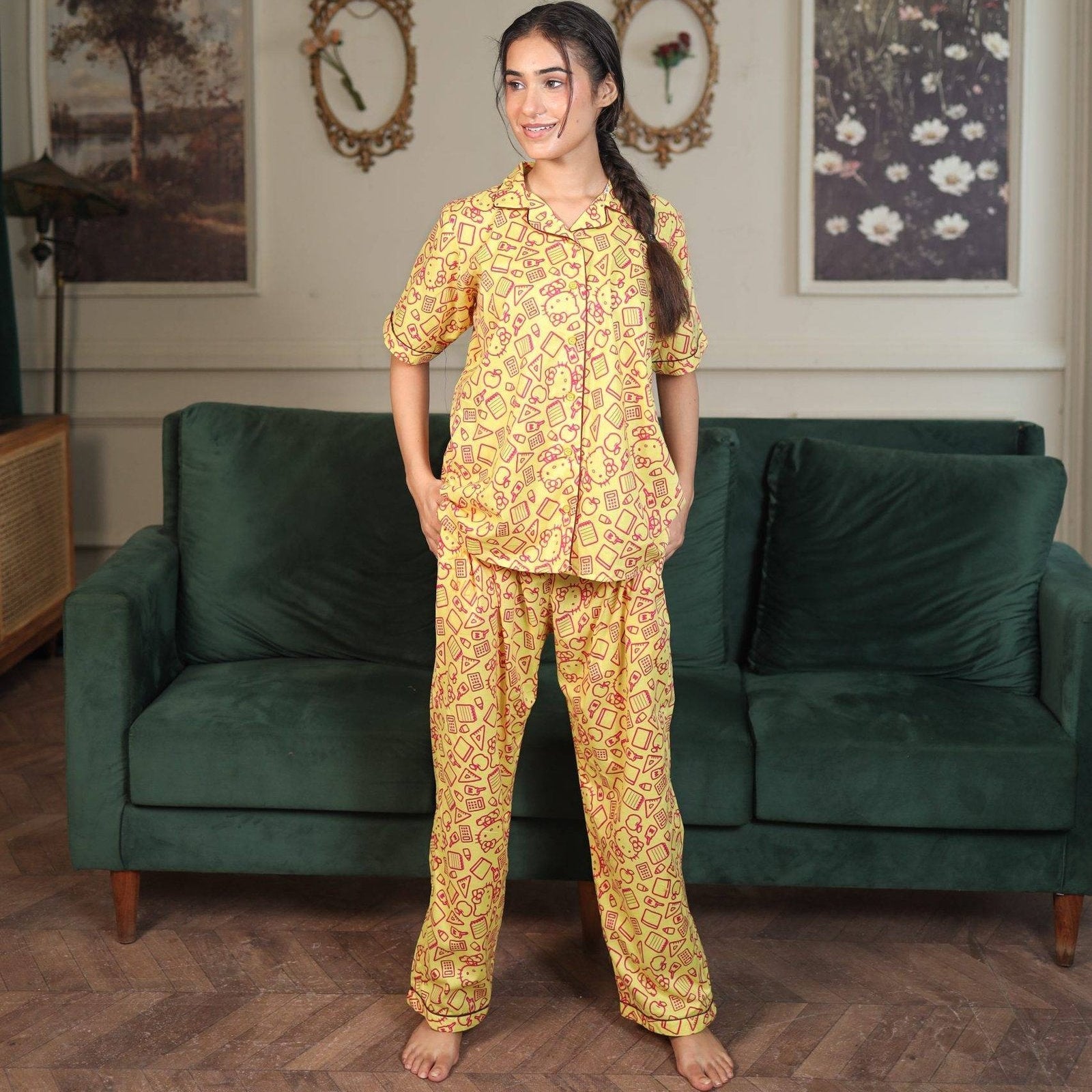 Yellow Cambric Hellow Kitty Printed PJ | Men's Nightwear | AdoreRobe