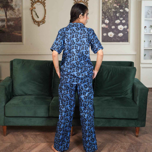 Blue Cambric Starry Bloom Printed PJ Set for Women