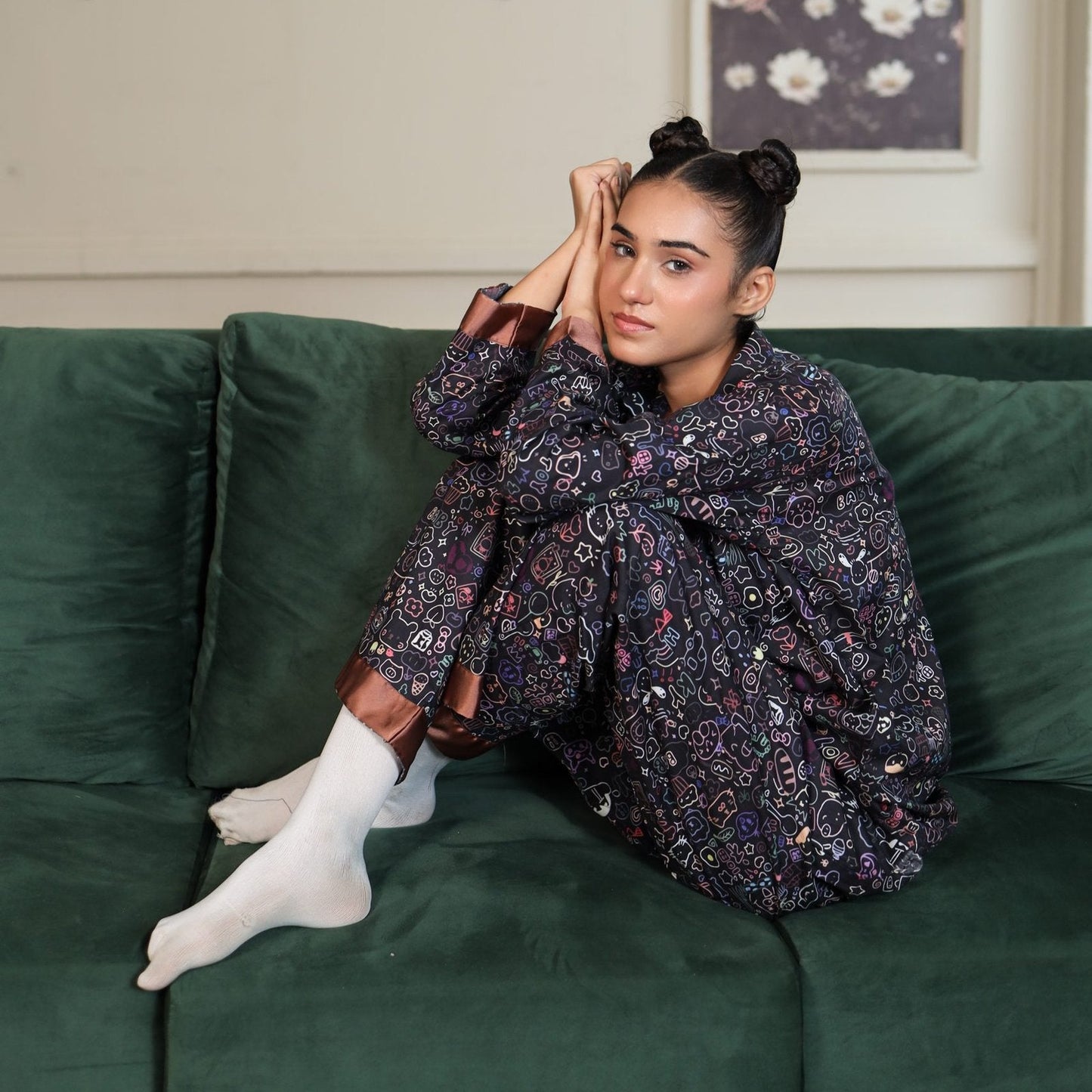 Black Cambric Bloom Printed PJ Set for | Men's Nightwear | AdoreRobe