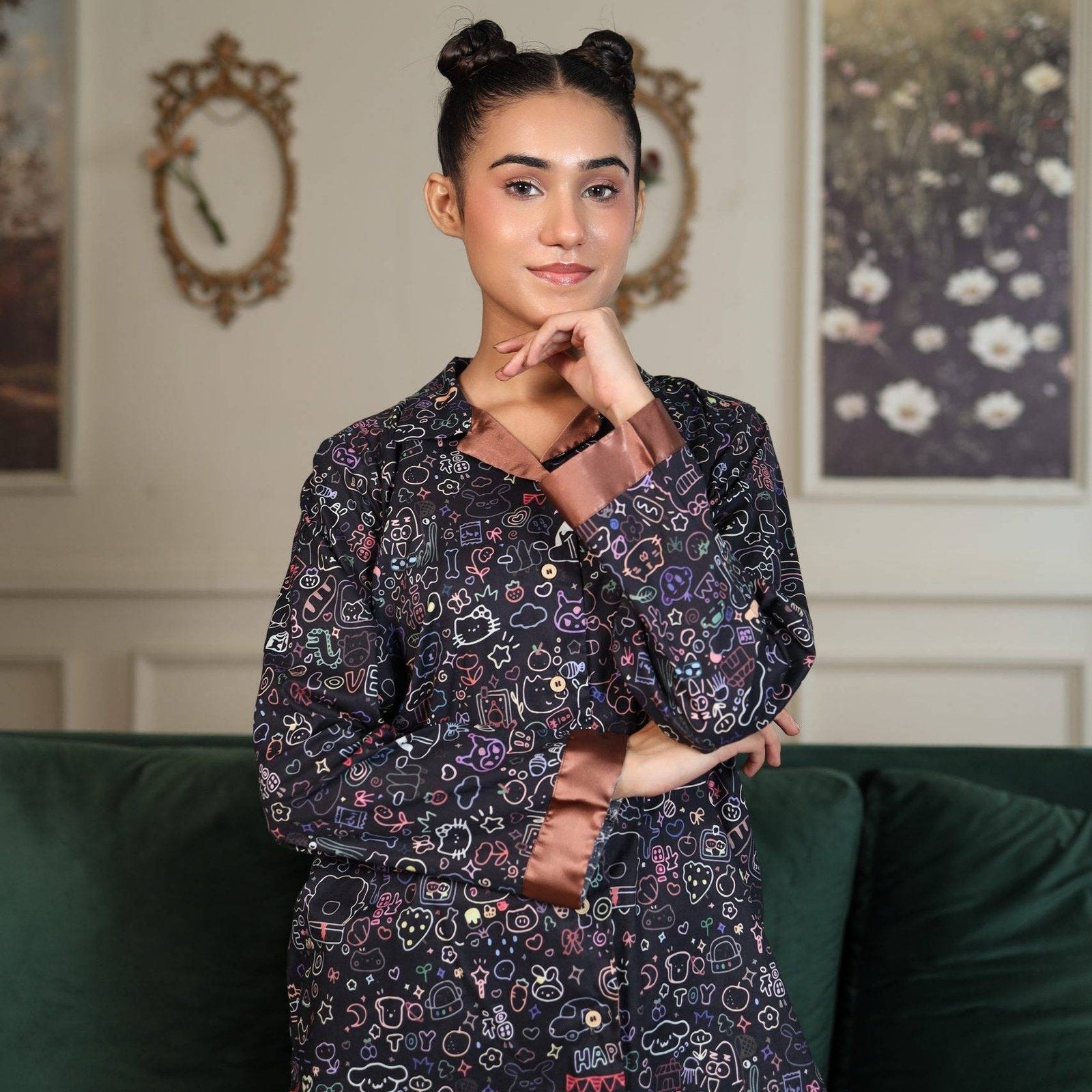 Black Cambric Bloom Printed PJ Set for | Men's Nightwear | AdoreRobe