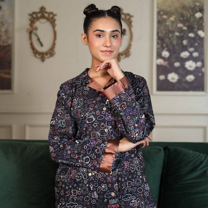 Black Cambric Bloom Printed PJ Set for | Men's Nightwear | AdoreRobe