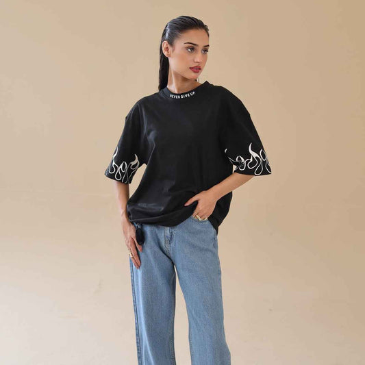 Unisex Drop Shoulder Never Give-up T-Shirt 100% Cotton, Black
