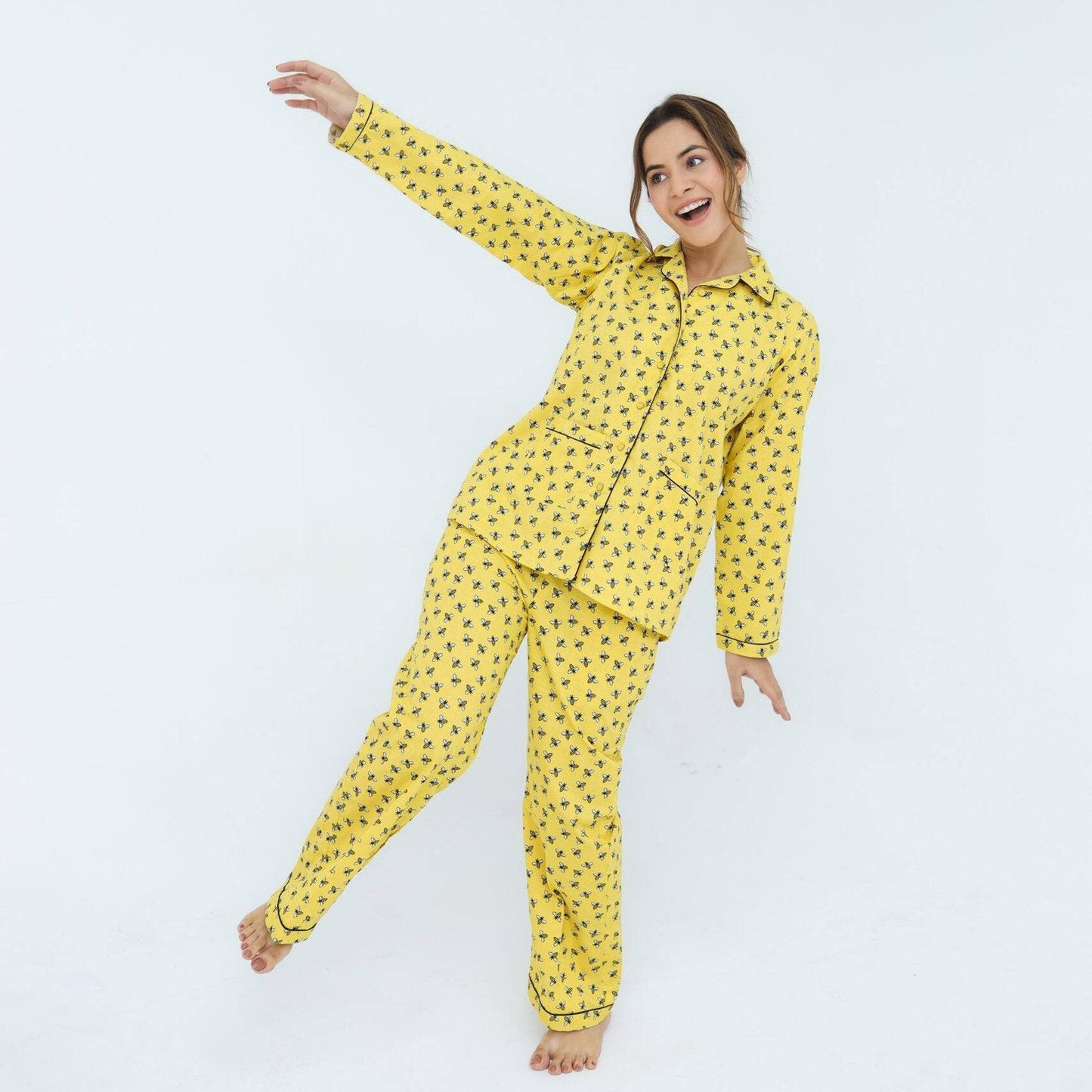 Yellow Winter Cotton Bee Printed PJ Set | Men's Nightwear | AdoreRobe