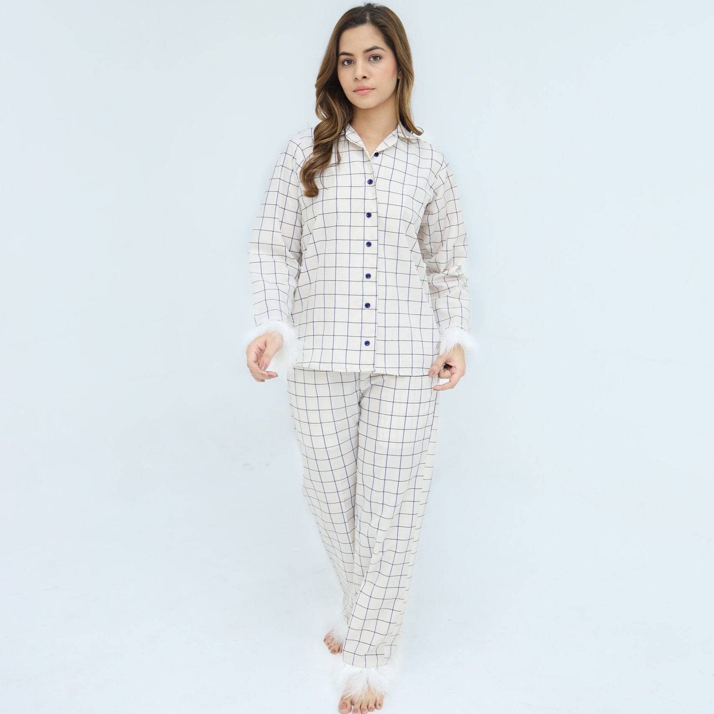 Luxury Creamy White Cotton Check | Men's Nightwear | AdoreRobe