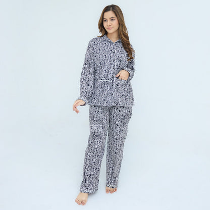 Black White Cotton Tile Printed PJ Set | Men's Nightwear | AdoreRobe