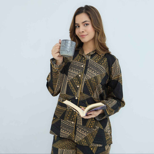 Black Soft Cotton Chervon Printed PJ Set for Women