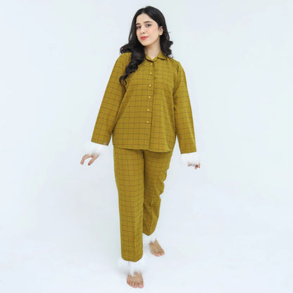 Luxury Mustard Cotton Check Printed | Women's Nightwear | AdoreRobe