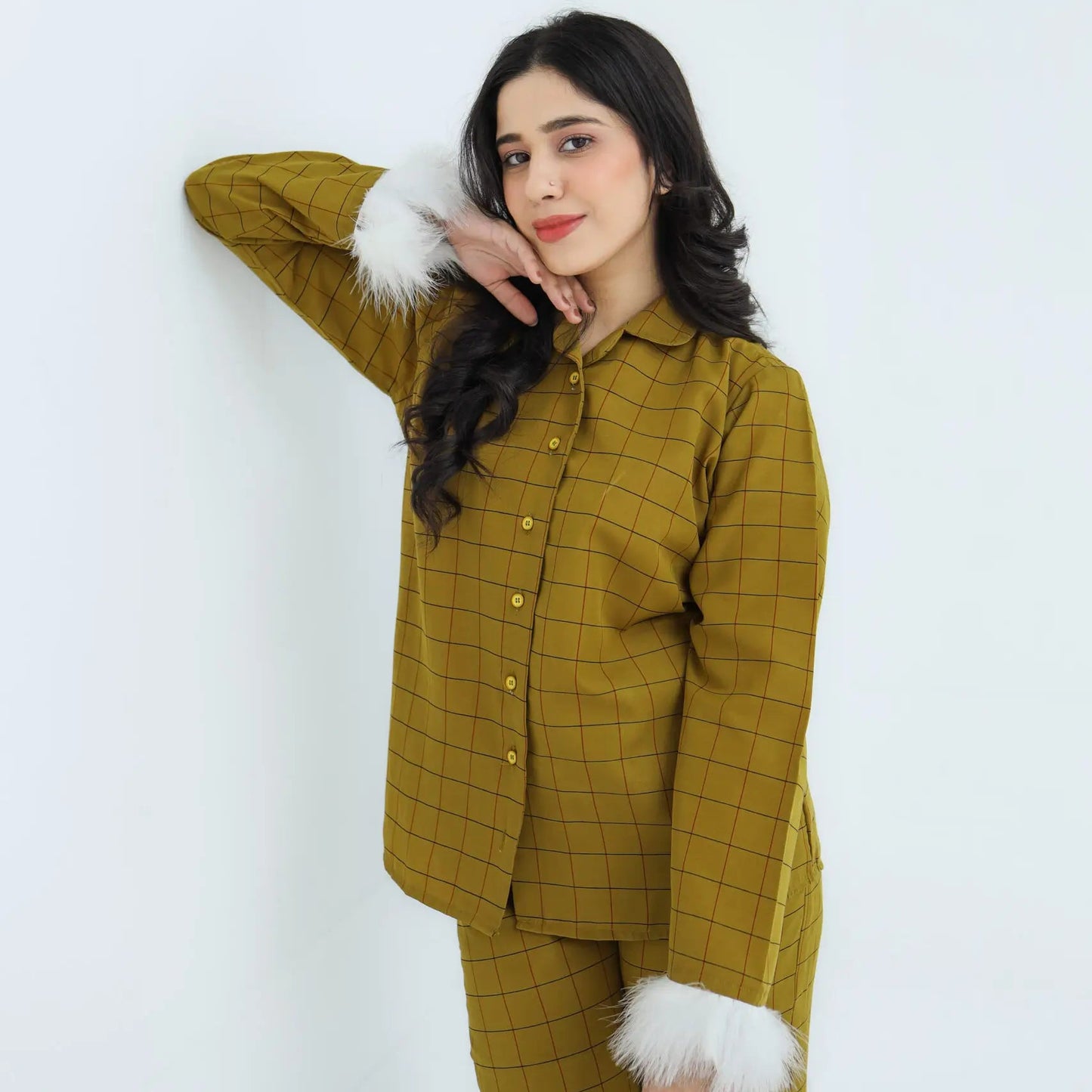 Luxury Mustard Cotton Check Printed | Women's Nightwear | AdoreRobe