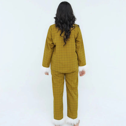 Luxury Mustard Cotton Check Printed | Women's Nightwear | AdoreRobe