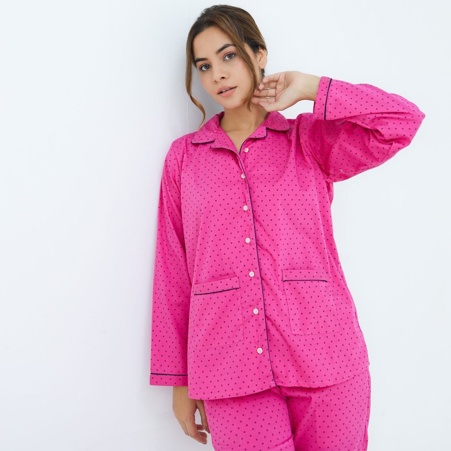 Bright Pink Cotton Dot Printed PJ Set | Men's Nightwear | AdoreRobe