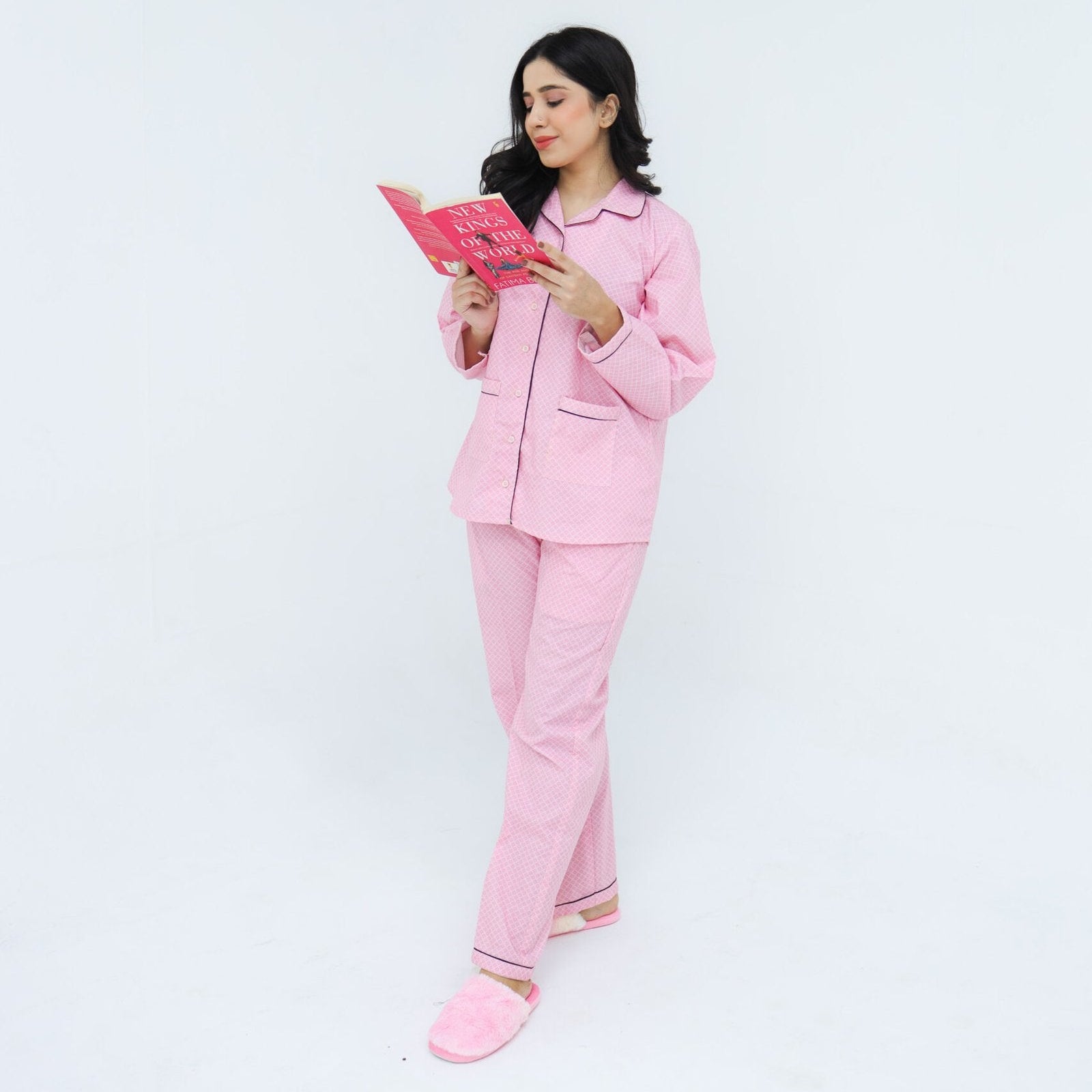 Baby Pink Cotton Lattic Printed PJ Set | Men's Nightwear | AdoreRobe