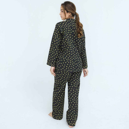 Black Winter Cotton Lady Bug Printed PJ Set for Women
