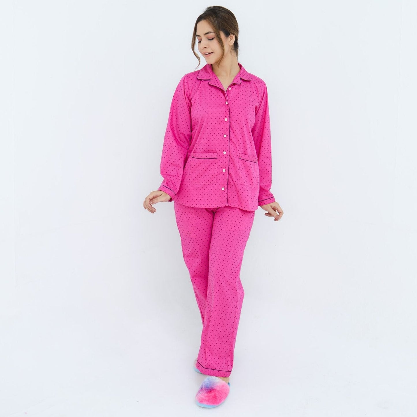 Bright Pink Cotton Dot Printed PJ Set | Men's Nightwear | AdoreRobe