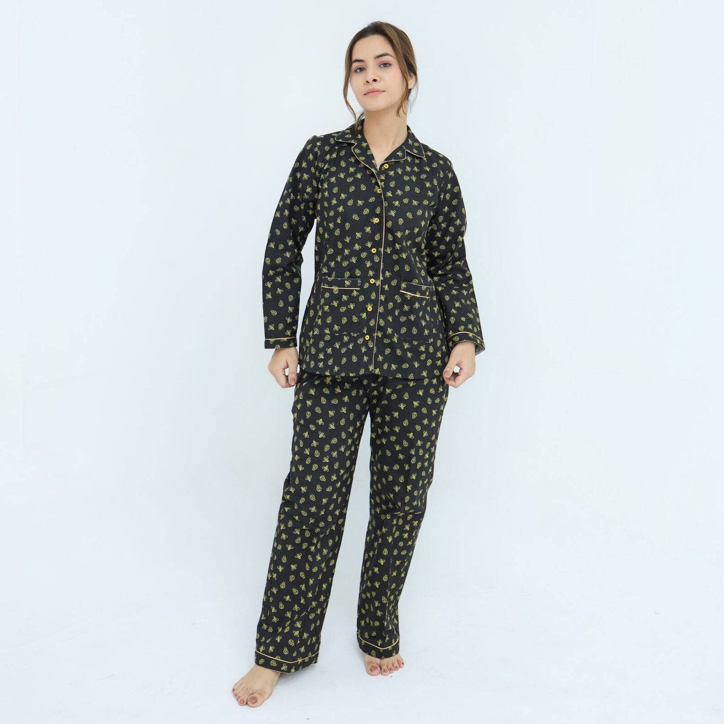 Black Winter Cotton Lady Bug Printed PJ | Men's Nightwear | AdoreRobe
