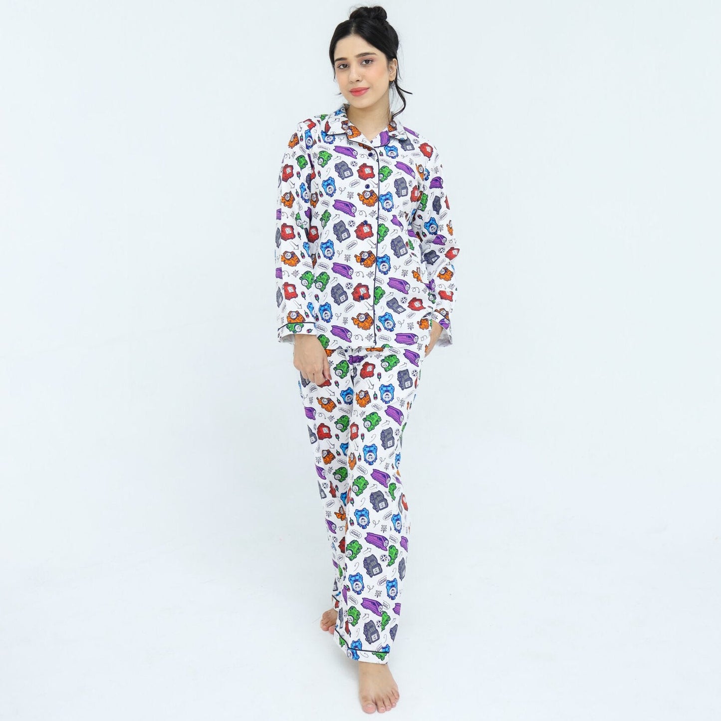 White Winter Cotton Toy Train Printed | Men's Nightwear | AdoreRobe
