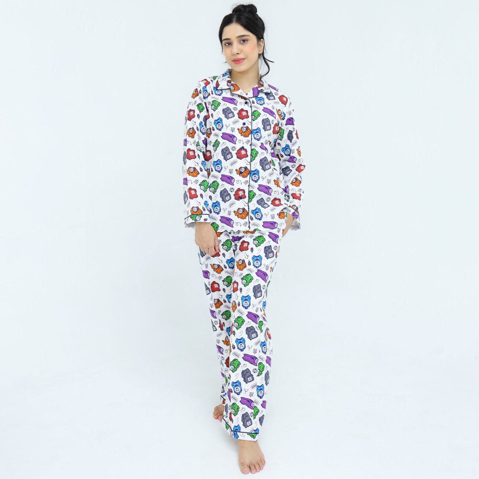 White Winter Cotton Toy Train Printed | Men's Nightwear | AdoreRobe