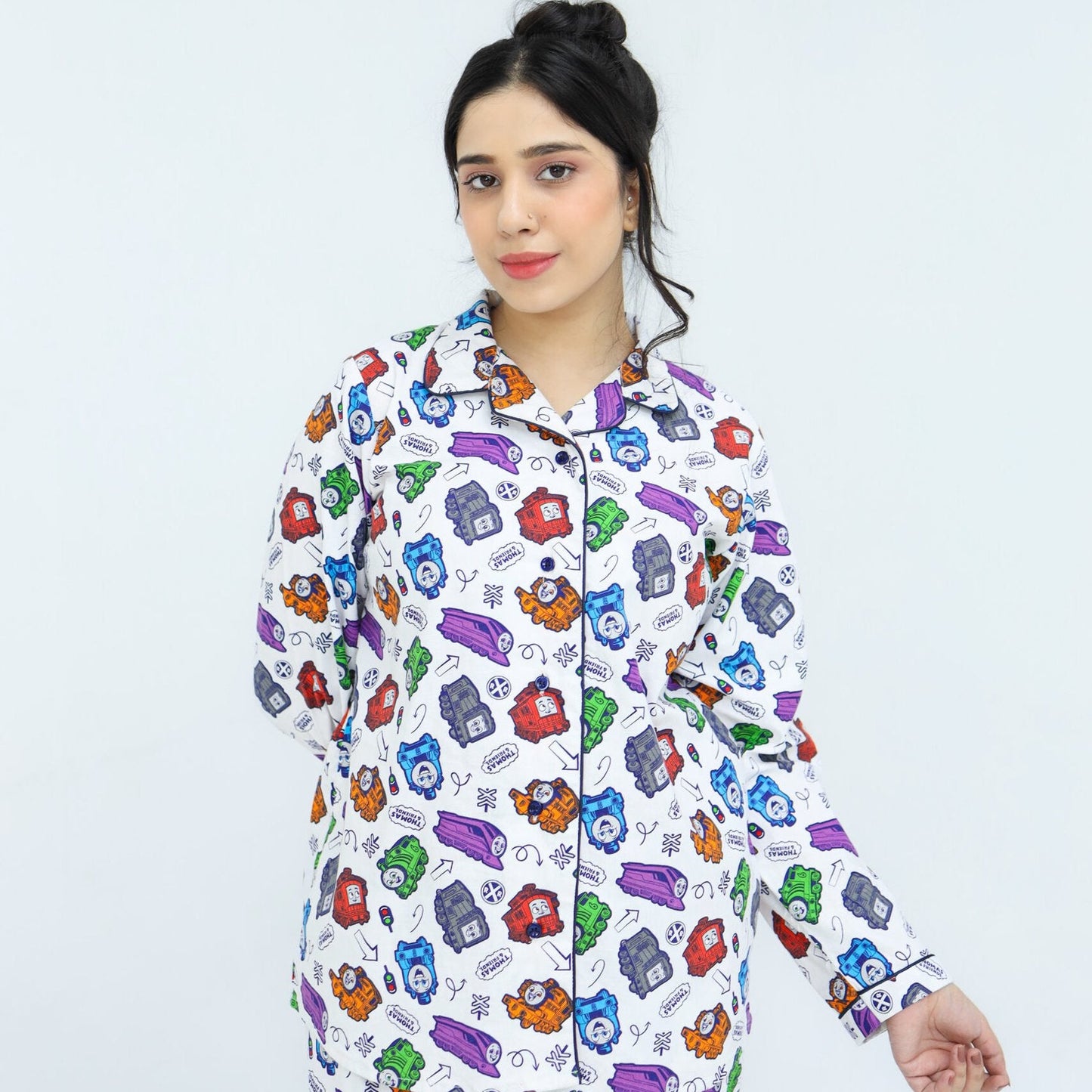 White Winter Cotton Toy Train Printed | Men's Nightwear | AdoreRobe