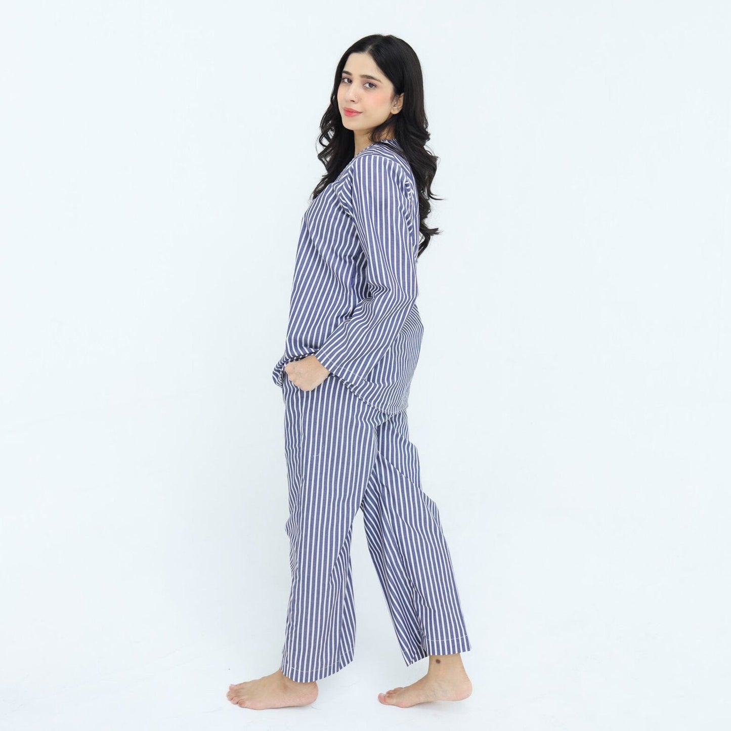 Blue White Cotton Narrow Stripes Printed | Women's Robe | AdoreRobe