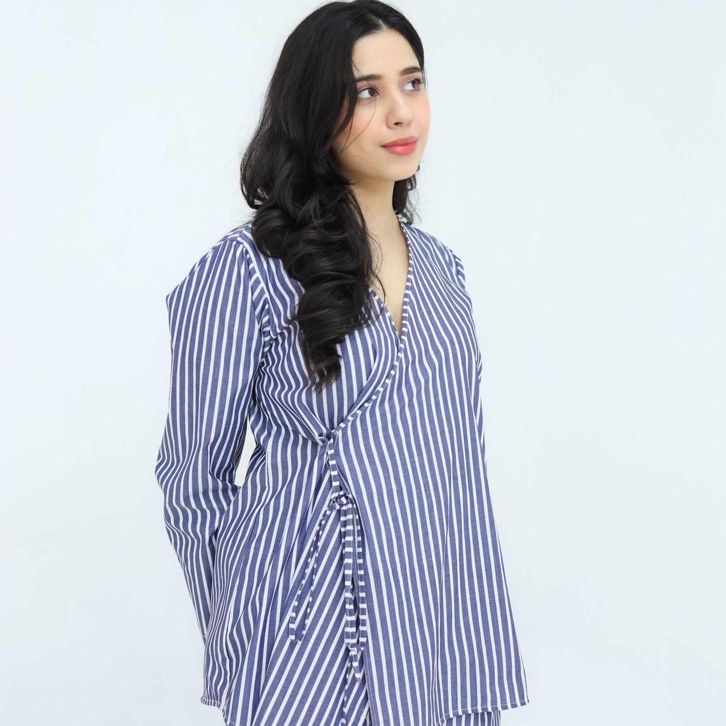 Blue White Cotton Narrow Stripes Printed | Women's Robe | AdoreRobe