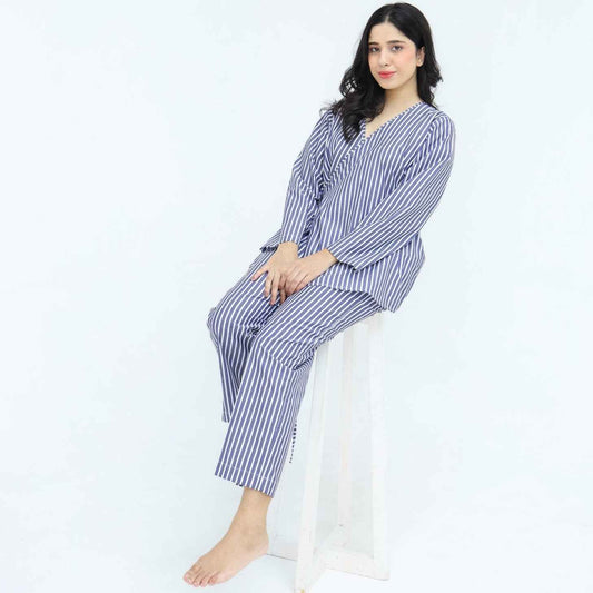 Blue White Cotton Narrow Stripes Printed Robe for Women